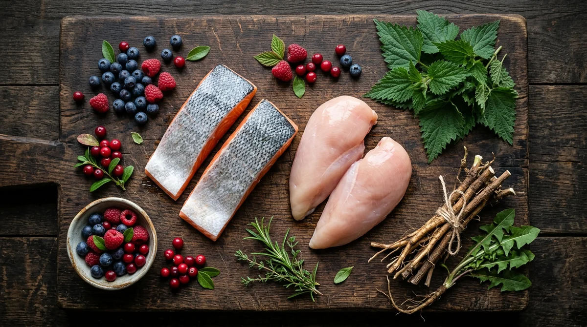 Forest berries, wild herbs and fresh meat ingredients used in Wolf of Wilderness recipes