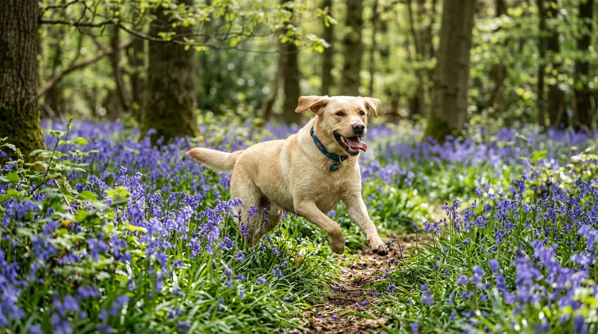 Labrador running through a British woodland