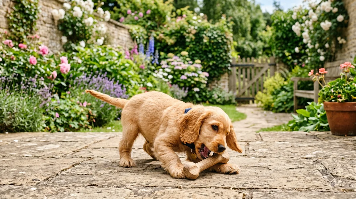 Spaniel puppy playing with a wooden toy
