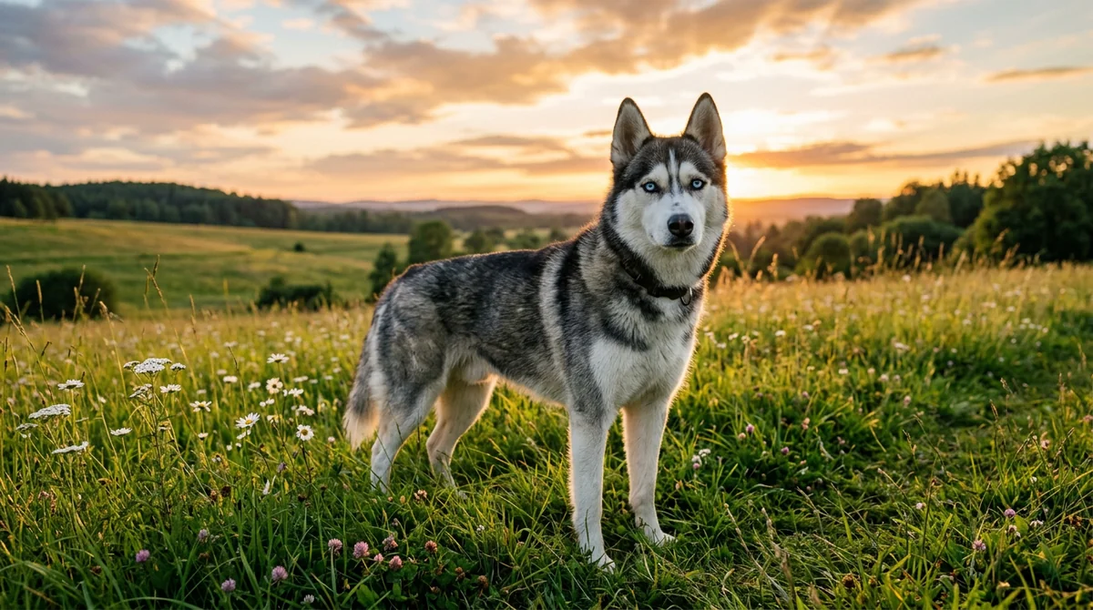Husky looking alert in an open meadow