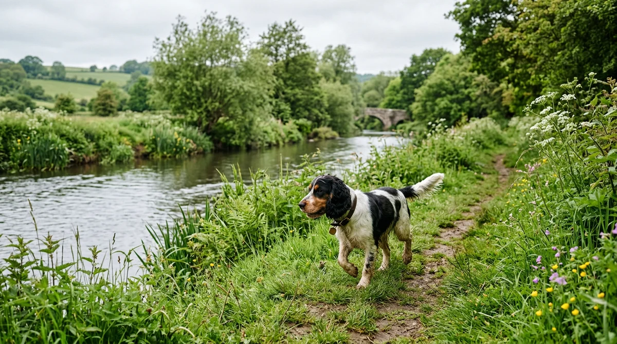 Cocker spaniel enjoying a walk near a river