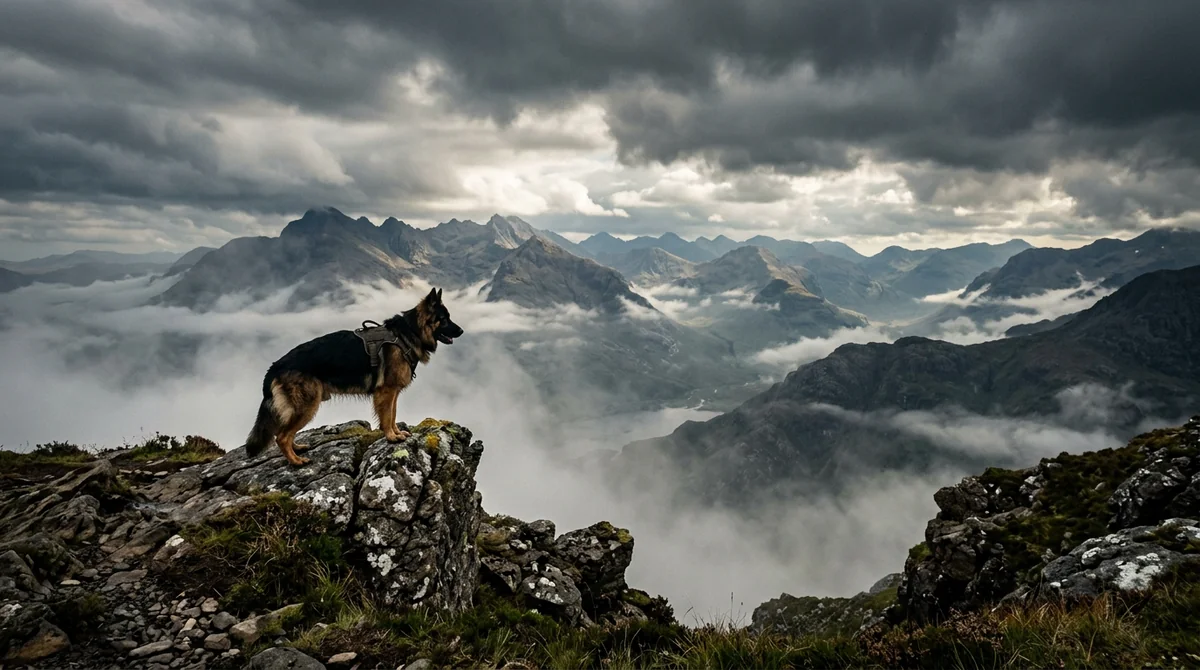 German Shepherd in a mountain landscape