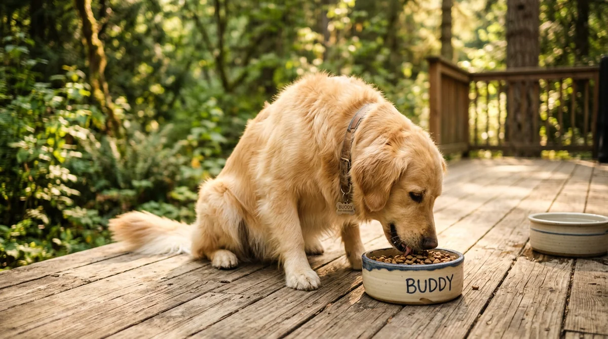 Dog enjoying Wolf of Wilderness meal in natural setting