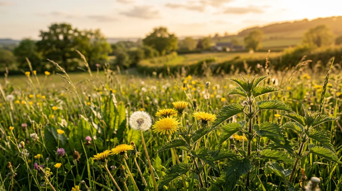 Wild dandelion and nettle herbs growing in a meadow