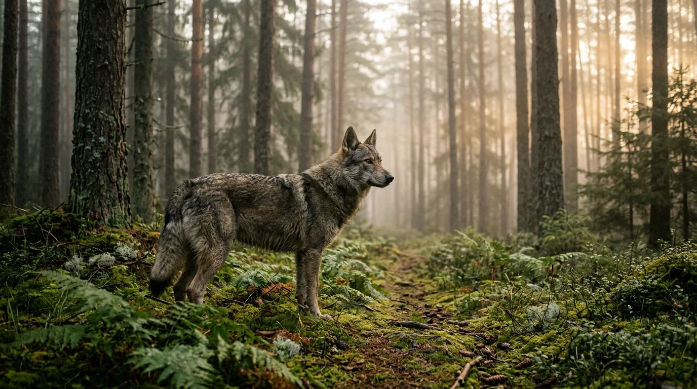 Majestic dog in wilderness forest setting with Wolf of Wilderness dog food