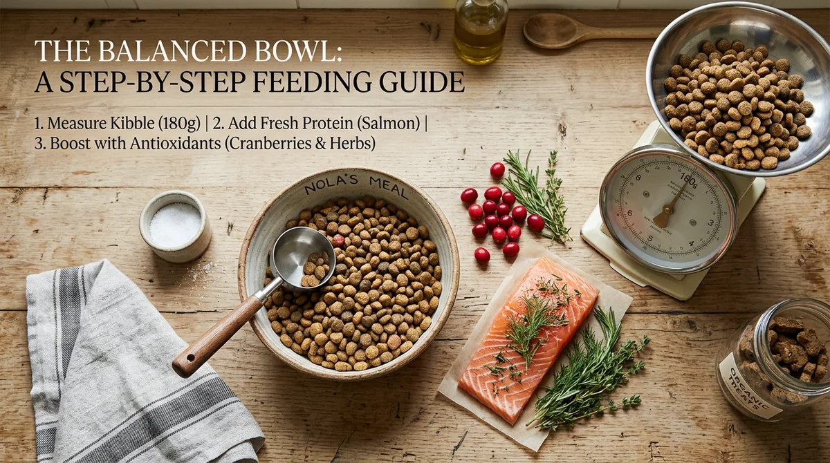 Wolf of Wilderness dog food bowl with measuring scoop and ingredients