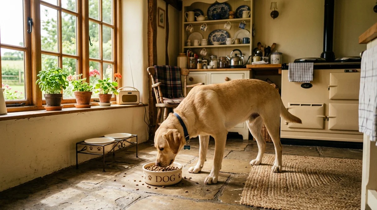 Adolescent dog eating Wolf of Wilderness junior dog food