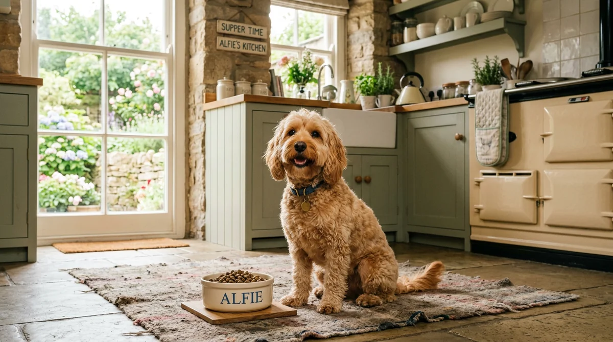 Happy British dog with Wolf of Wilderness kibble bowl